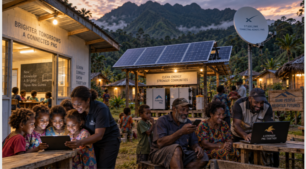 AI-generated concept illustration of a Papua New Guinean village at dusk with solar panels, a satellite dish and families using tablets, phones and a laptop — a concept image, not an existing installation.