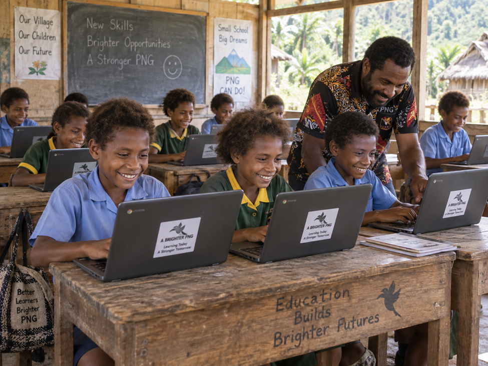 AI-generated concept illustration of a village classroom where students use laptops with a teacher helping them — a concept image, not an existing installation.