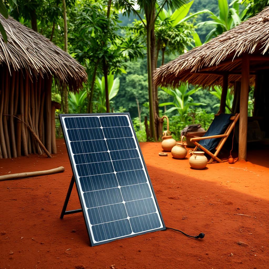 A small solar panel set up beside traditional thatched village huts